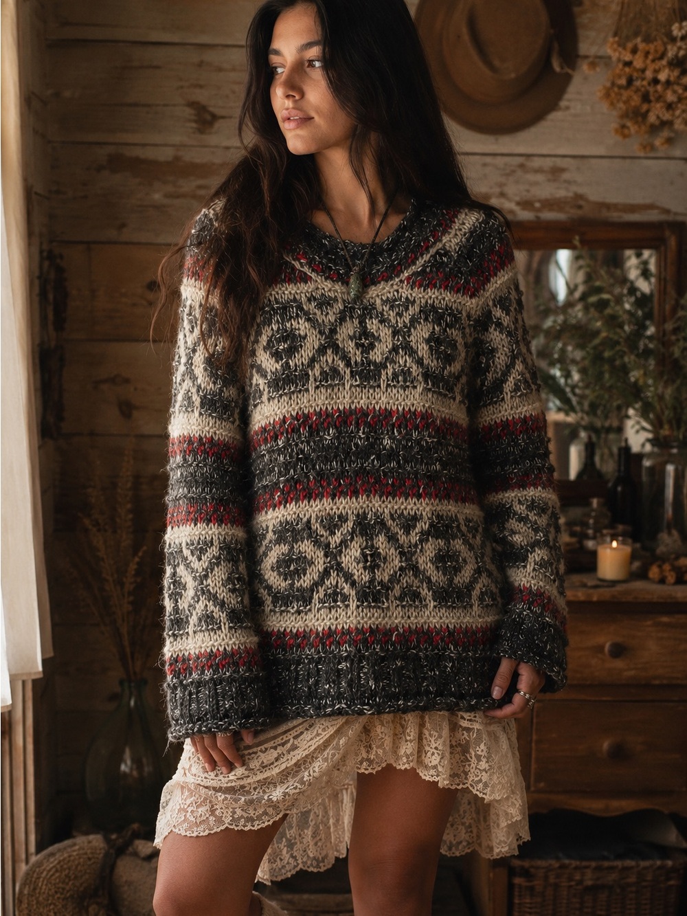 Free People Brown Red Fair Isle Chunky Knit Wool Blend Sweater|size S